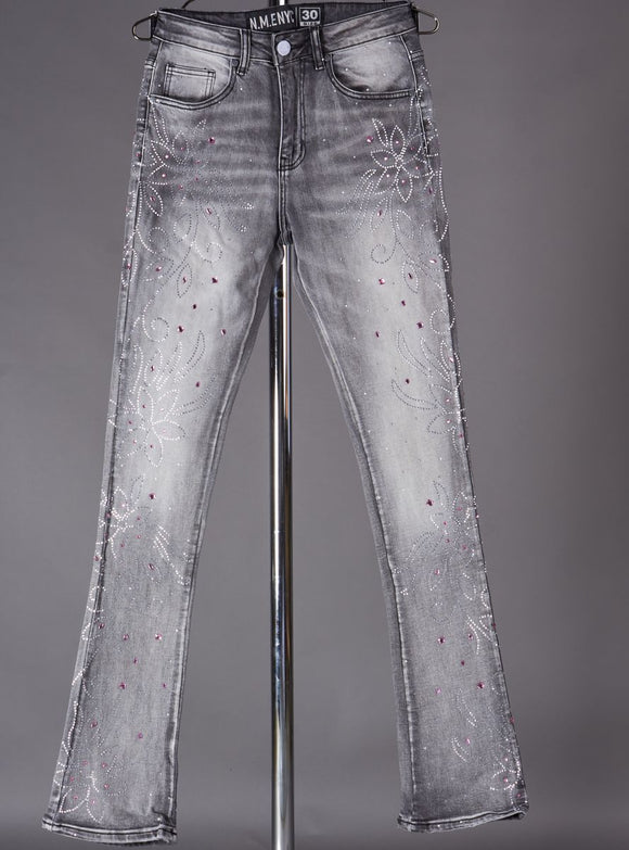 N.M.ENYC FLORAL RHINSTONE JEANS - NME25 - GREY/PINK