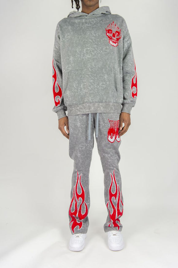REBEL MINDS FLAME SKULL ACID HOODIE SET - 152-315SET - WASH GREY