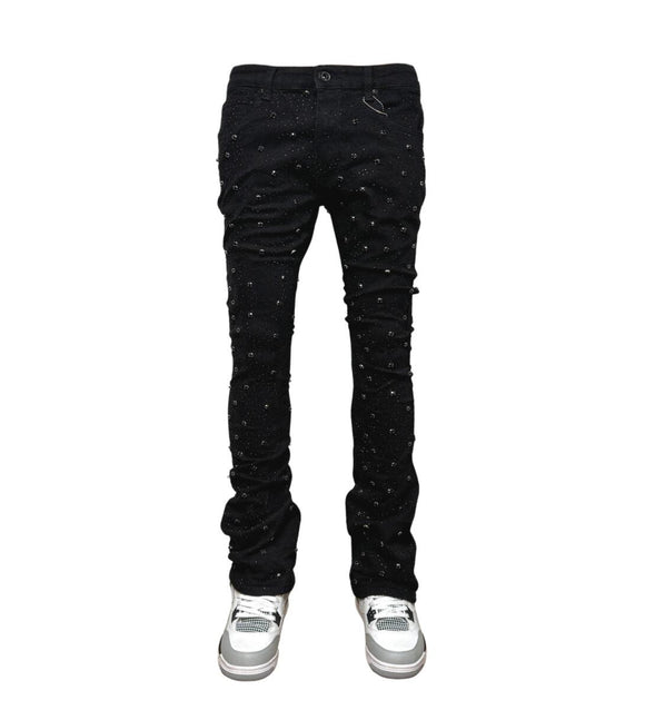 VICIOUS DENIM RHINESTONE STACKED PANT - VC510 - BLACK