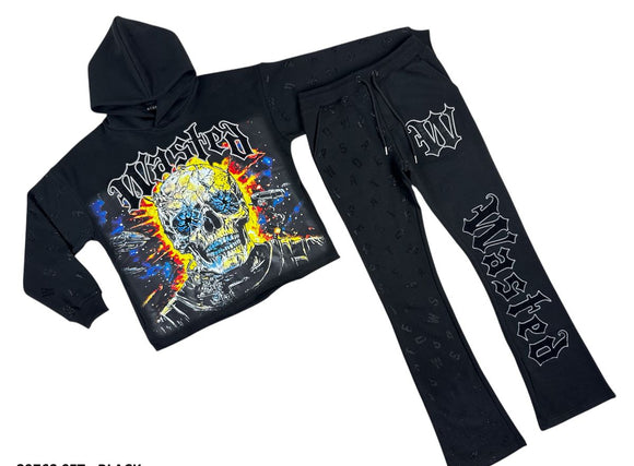 FOCUS WASTED RHINESTONE CROPPED HOODIE SET - 80763SET - BLACK