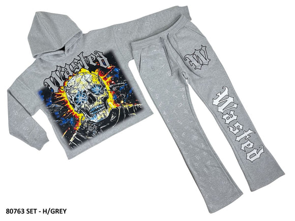 FOCUS WASTED RHINESTONE CROPPED HOODIE SET - 80763SET - GREY