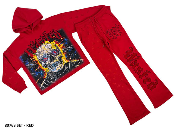 FOCUS WASTED RHINESTONE CROPPED HOODIE SET - 80763SET - RED