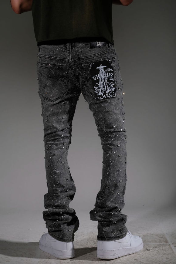 VICIOUS DENIM RHINESTONE STACKED PANT - VC510 - GREY