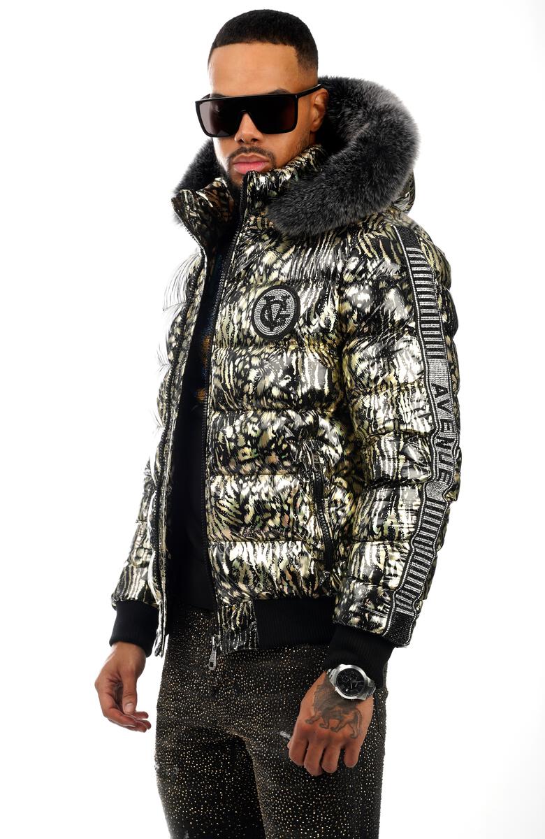 Avenue George V Paris Men's Puffer Jacket Ivory Rhinestone High Fur on  Hood Coat
